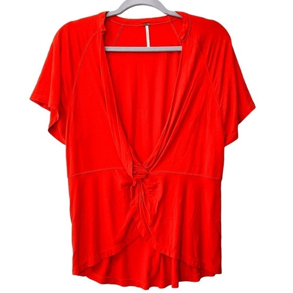 Free People Bright Red Blouse Medium top knot front plunging neck - Picture 1 of 5